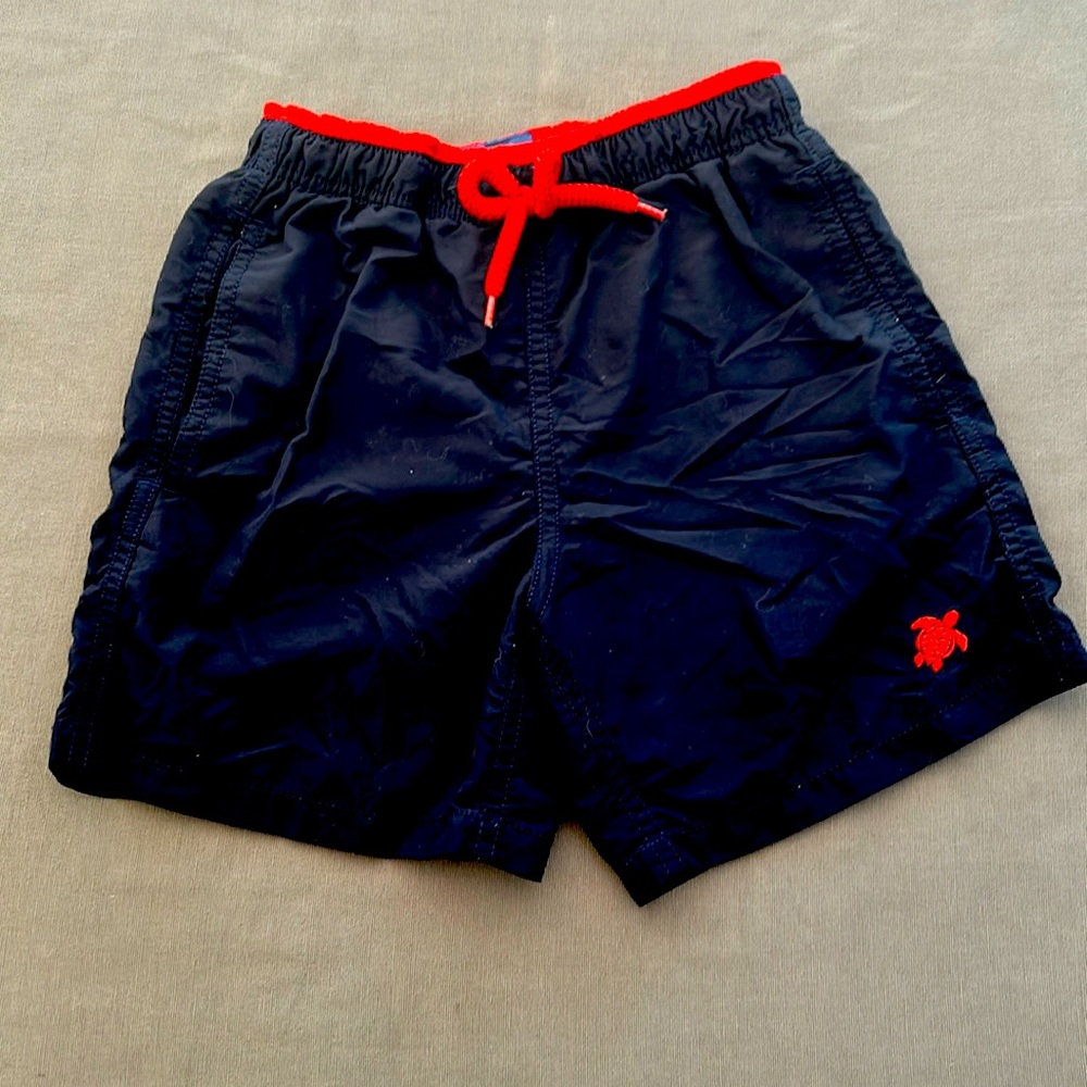 Vilebrequin size 8 y boys swim trunks adjustable waist, navy with red tie & logo